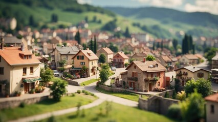 Fototapeta premium A close-up, miniature-style view of a residential neighborhood featuring various houses with colorful roofs.