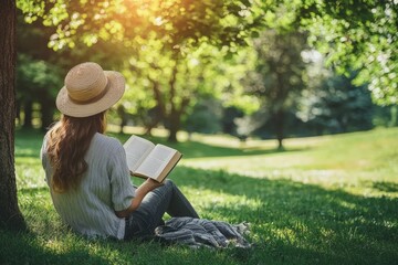 Sitting on a park bench under a tree, reading a book