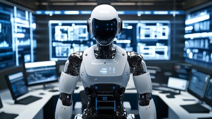 A full-body shot of a humanoid robot with a humanoid appearance and flexible joints, positioned in a high-tech control room, Futuristic style
