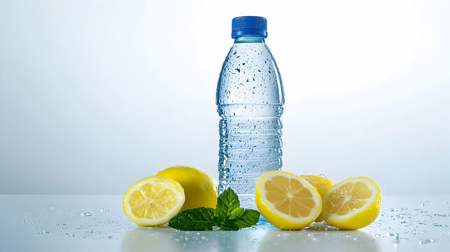 Refreshing water bottle with fresh lemons and mint leaves on a clean surface