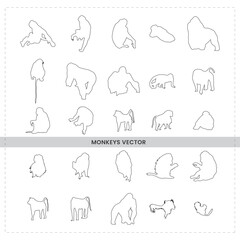 Monkeys in various poses minimalist animal sketches, Simple line drawings,  black and white illustrations and single-line monkey figures, graphic design elements, monkey species variety 