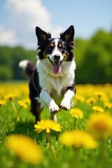 Border collie leaping over dandelions, showcasing its athleticism , sports, dogs, field