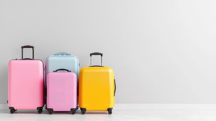 Colorful suitcases ready for travel against a plain wall