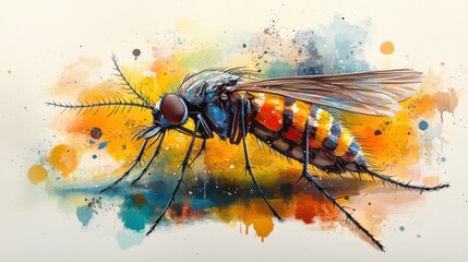 Colorful illustration of a mosquito with vibrant splashes, showcasing nature's intricate details