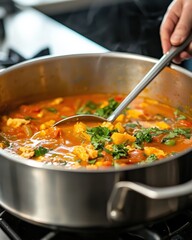 Stirring soup in a large pot on a stovetop