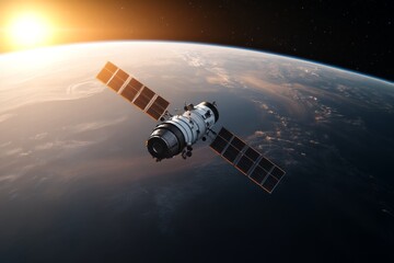 Satellite orbits Earth as the sun rises over the horizon in a stunning view from space