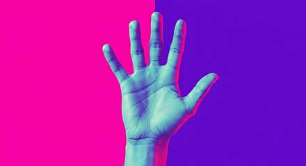 Obraz premium surrealism collage. Hand in a pop art collage style in neon bold colors. Modern psychedelic creative element with human palm for posters, banners, wallpaper. Copy space for text. Magazine style zine. 