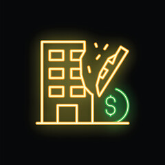 Glowing neon line icon of an earthquake destroying a building with a dollar sign, representing the financial cost of natural disasters