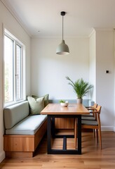 Fototapeta premium Coastal Dining Nook, Australian Home, Built-in Bench, Oak & Black Table, Minimalist Chairs, Soft Whites, Cream, Sage, Khaki Accents, Natural Light, Oak Floor. 