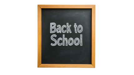 A wooden framed chalkboard displays the words Back to School in hand drawn chalk lettering.