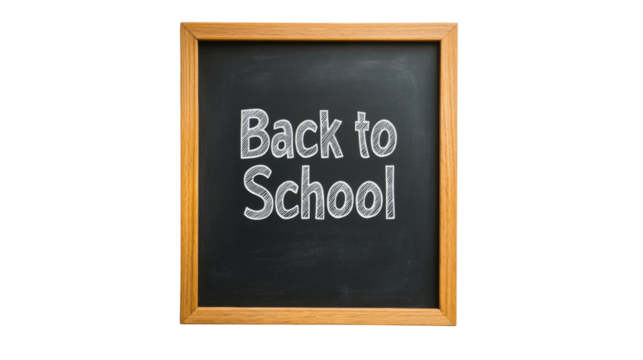 A wooden framed chalkboard displays the words Back to School in hand drawn chalk lettering.