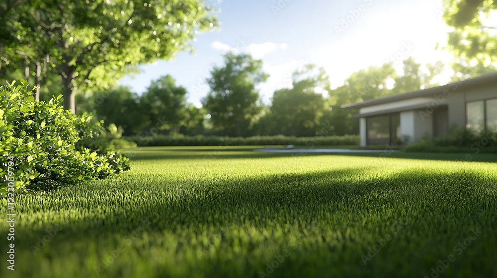 Aufkleber lush green lawn in front of a modern house on a sunny day. bright sunlight casts shadows on the gras