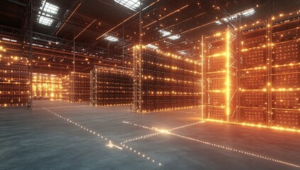 A digital representation of an advanced warehouse with glowing data connections