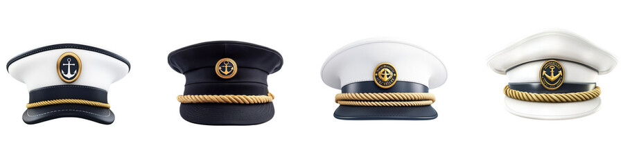 A digital illustration showcases four different variations of a captain's hat, each featuring unique color schemes and decorative elements.