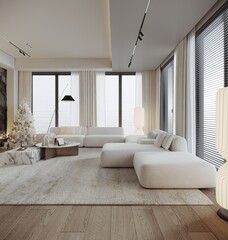 Elegant living room with kitchen and dining room. Luxurious apartment background with contemporary design. Modern interior design. 3D render, 3D illustration.
