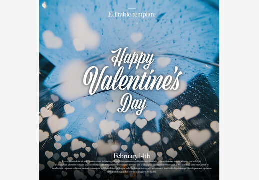 Celebrate Love with a Blue Umbrella: Happy Valentine's Day Design Featuring White Hearts and Festive Message Valentine's Day Template