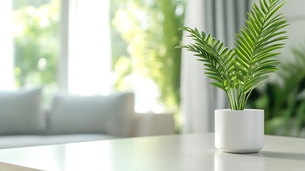 Vibrant green plant in a white pot sits on a sleek table, a blurred living room background with soft light streaming through the window