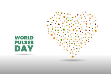 Minimalist vector art of World Pulses Day. Heart shape made of pulses on a white backdrop beside the event title. For Pulses Day awareness campaigns.