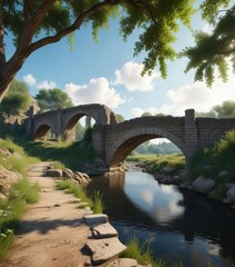 Fototapeta premium Ancient Roman bridge with a single span in the countryside , landscape, ancient