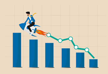 Business growth, investment profit increase, progress or development concept, businessman riding rocket on growth bar graph or rising up revenue 
chart, growing fast or improvement sales and revenue.