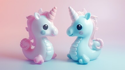 Fototapeta premium Cute Pastel Unicorn Sea Horses, 3D Render