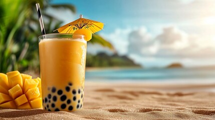 A vibrant golden yellow mango bubble tea  set against a beach backdrop.