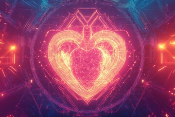 Vibrant Heart Shape with Neon Glow and Digital Connections