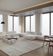 Elegant living room with kitchen and dining room. Luxurious apartment background with contemporary design. Modern interior design. 3D render, 3D illustration.
