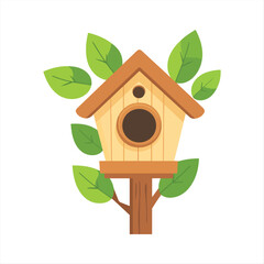 Wooden Birdhouse with Leaves ,  Flat Style Nature Illustration