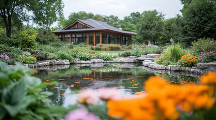 Fototapeta premium Serene Garden Retreat: A tranquil pond nestled amidst lush greenery and vibrant flowers, with a charming wooden house in the background, creating a serene and peaceful atmosphere.