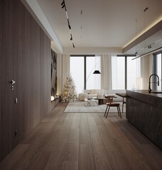 Elegant living room with kitchen and dining room. Luxurious apartment background with contemporary design. Modern interior design. 3D render, 3D illustration.
