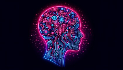 A vibrant digital illustration of a human head composed of intricate circuit boards glowing in neon pink and blue, symbolising the fusion of human intelligence and advanced technology.
