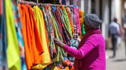 Obraz premium Vibrant Market Scene with Colorful Fabrics and Shopper