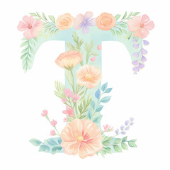 Watercolor letter "T" minimalistic yet colorful botanical design showcasing wild blooms and nature's beauty
