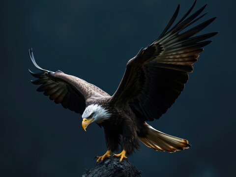 An intense close-up of a majestic eagle with outspread wings, fiercely fighting against a dark black background for survival, struggle, background