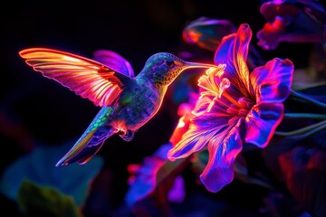 Fototapeta premium Vibrant Hummingbird Feeding on Colorful Flower in Neon Light