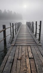 Fototapeta premium An old, weathered dock stretches out into the misty morning, its wooden slats worn smooth by years of exposure to the elements and saltwater , serene landscape, ocean view, boat dock