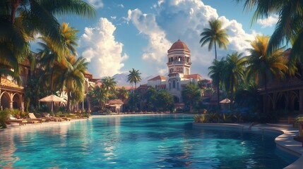 Obraz premium Tropical Luxury Resort with Palm Trees and Tower