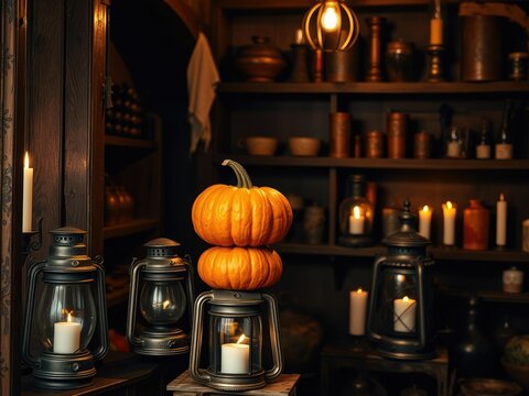 An orange pumpkin perches atop a stack of vintage lanterns and candles in a dimly lit corner of an old apothecary shop, mystical ambiance, spurious charms, old medical texts