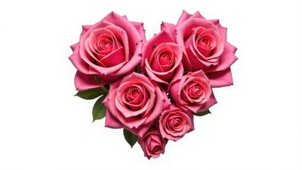 Obraz premium Heart of pink roses on white background. Valentine's day, women's day, mother's day, greeting card design, flower gifts, space for text, holiday card, banner, poster, florist services, love concept