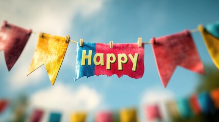 Happy banner hanging from the sky