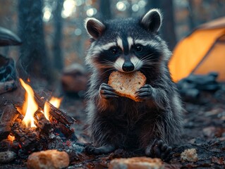 Curious Raccoon Savoring Stolen Bread by Campfire in Wilderness