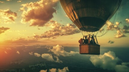 Couple enjoying breathtaking views during a romantic hot air balloon ride above scenic landscapes
