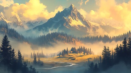Misty mountain valley landscape at sunrise, featuring a snow capped peak, a small village nestled among the trees and a river flowing through the