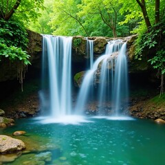 misty waterfalls cascading into a crystal clear pool, nature, greenery