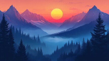 Majestic mountain sunset with foggy valley and silhouetted pine trees