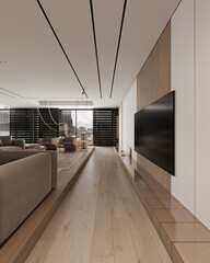 Stylish home interior with tv zone and lounge area in a modern living room.