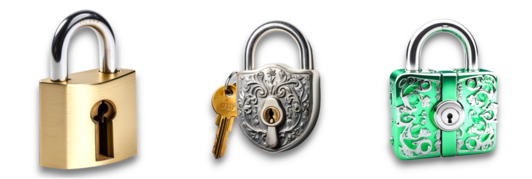 Three isolated padlocks on a transparent background for security purposes
