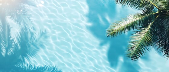 This luxury travel holiday mockup design presents a top view of a blue pool water texture, highlighted by aqua waves and the shadows of coconut palms, rendered in 3D for a tropical summer feel.