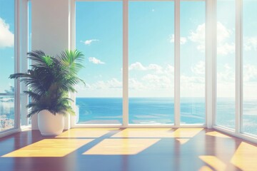 Stunning ocean view from a hotel room with large windows and a cozy balcony overlooking the shoreline